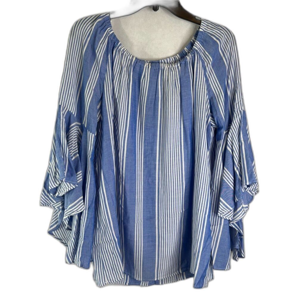 Fever Bell Long Sleeve Striped Boat Neck Boho Flowy Blouse Women's Size Medium